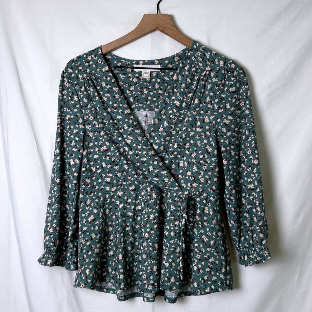 Monteau Womens Wrap Top Green Floral Size L Peplum Ruffle Cottagecore Romantic